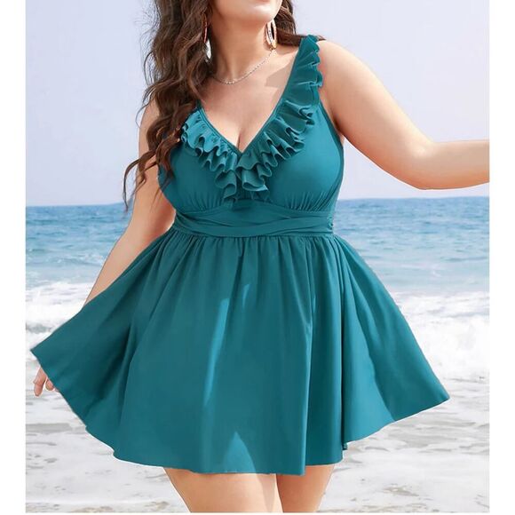 Bloomchic SZ 26 Ruffle Trim Adjustable Strap Gathered Sculpt Waist Swim Dress - Picture 1 of 16